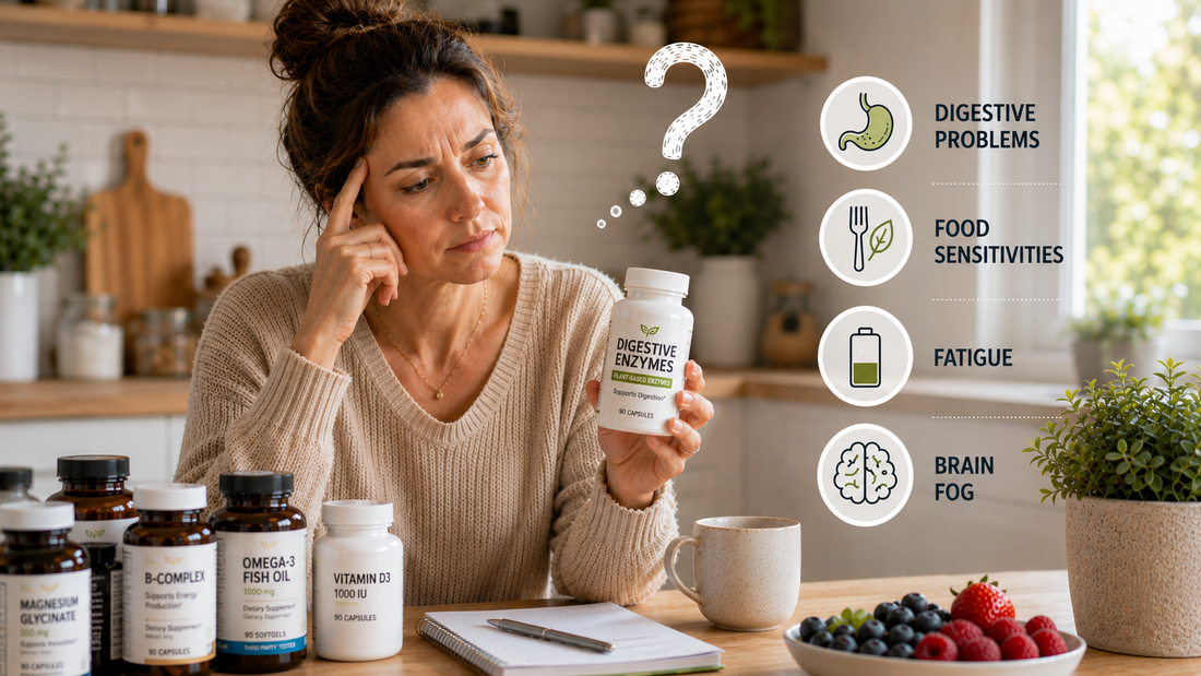 Woman reviewing digestive enzyme supplement while experiencing digestive concerns including food sensitivities, fatigue and brain fog