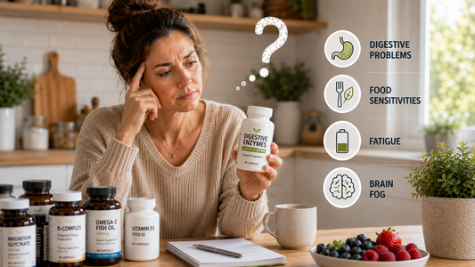 Woman reviewing digestive enzyme supplement while experiencing digestive concerns including food sensitivities, fatigue and brain fog