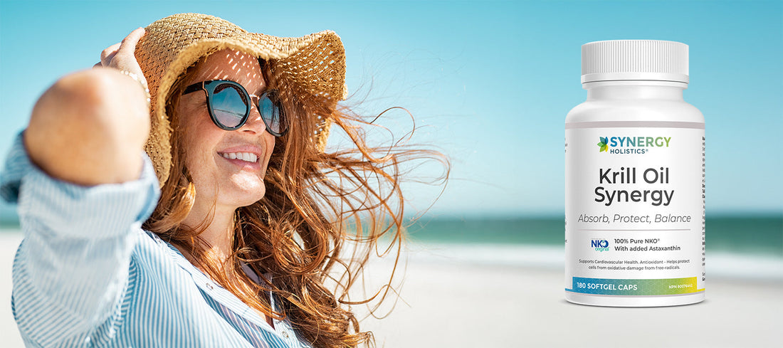 Woman enjoying summer sun on beach with Krill Oil Synergy supplement for skin health support