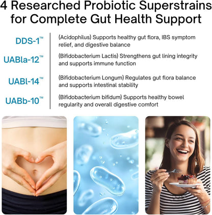 Promotional graphic about probiotic strains for gut health with text and images of a pregnant belly, probiotics, and a woman eating.