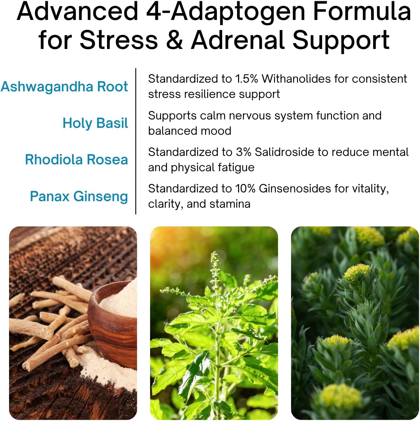 Advertisement for an advanced 4-Adaptogen Formula for stress and adrenal support with images of herbs and text.