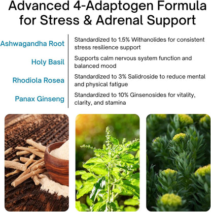 Advertisement for an advanced 4-Adaptogen Formula for stress and adrenal support with images of herbs and text.