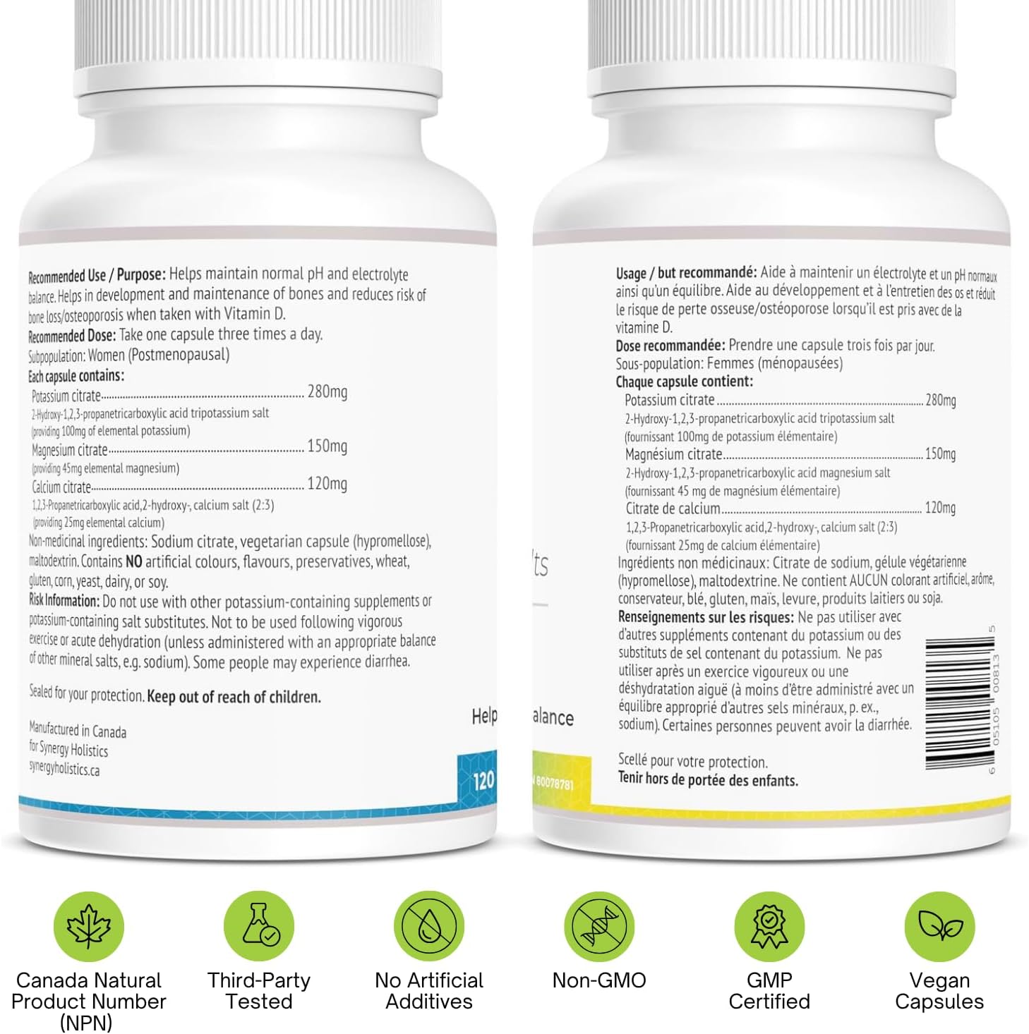 Two supplement bottles with labels and certification icons on a white background