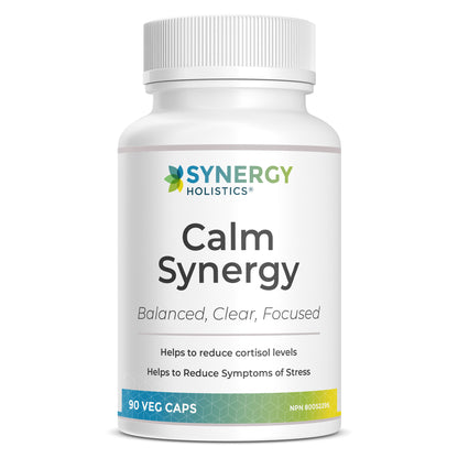 Bottle of Calm Synergy supplement by Synergy Holistics on a white background