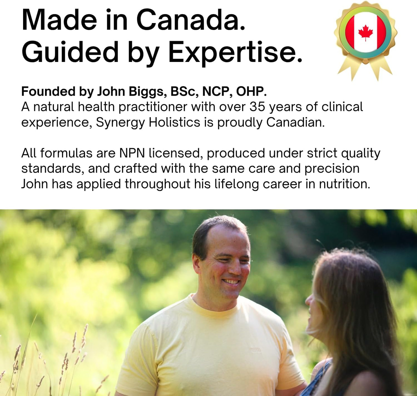 Man and woman standing outdoors with promotional text about Synergy Holistics and John Biggs' expertise.