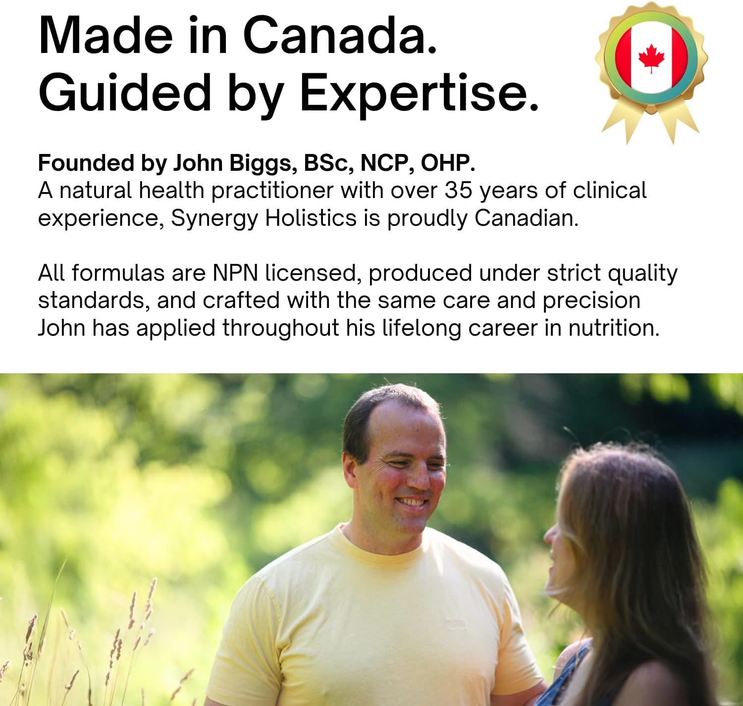 Man and woman standing outdoors with promotional text about Synergy Holistics and John Biggs' expertise.