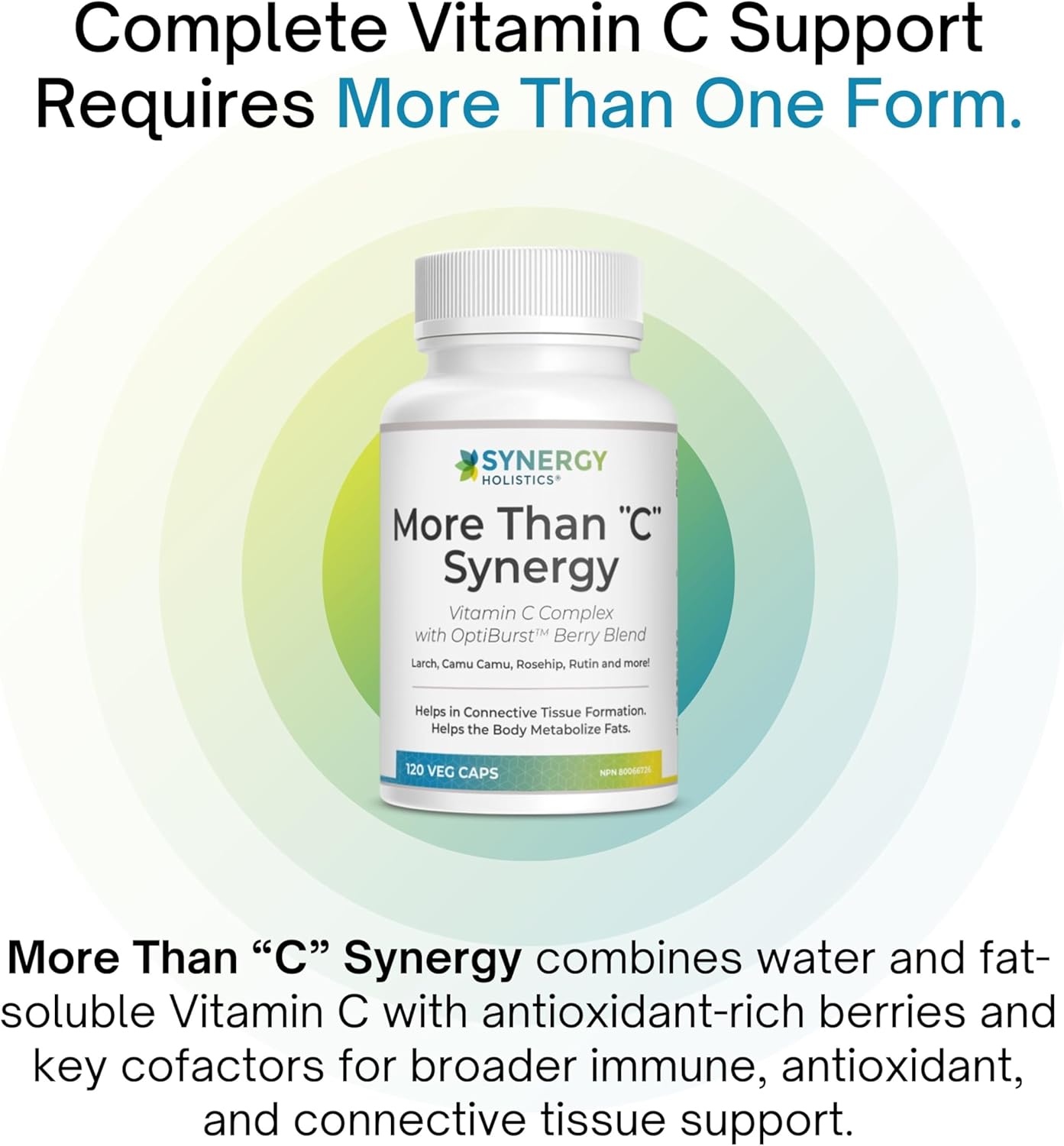 Vitamin C supplement bottle labeled 'More Than 'C' Synergy' by Synergy Health on a white background.