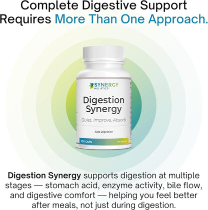 Synergy Holistics Digestion Synergy supplement bottle with text about digestive support on a white background