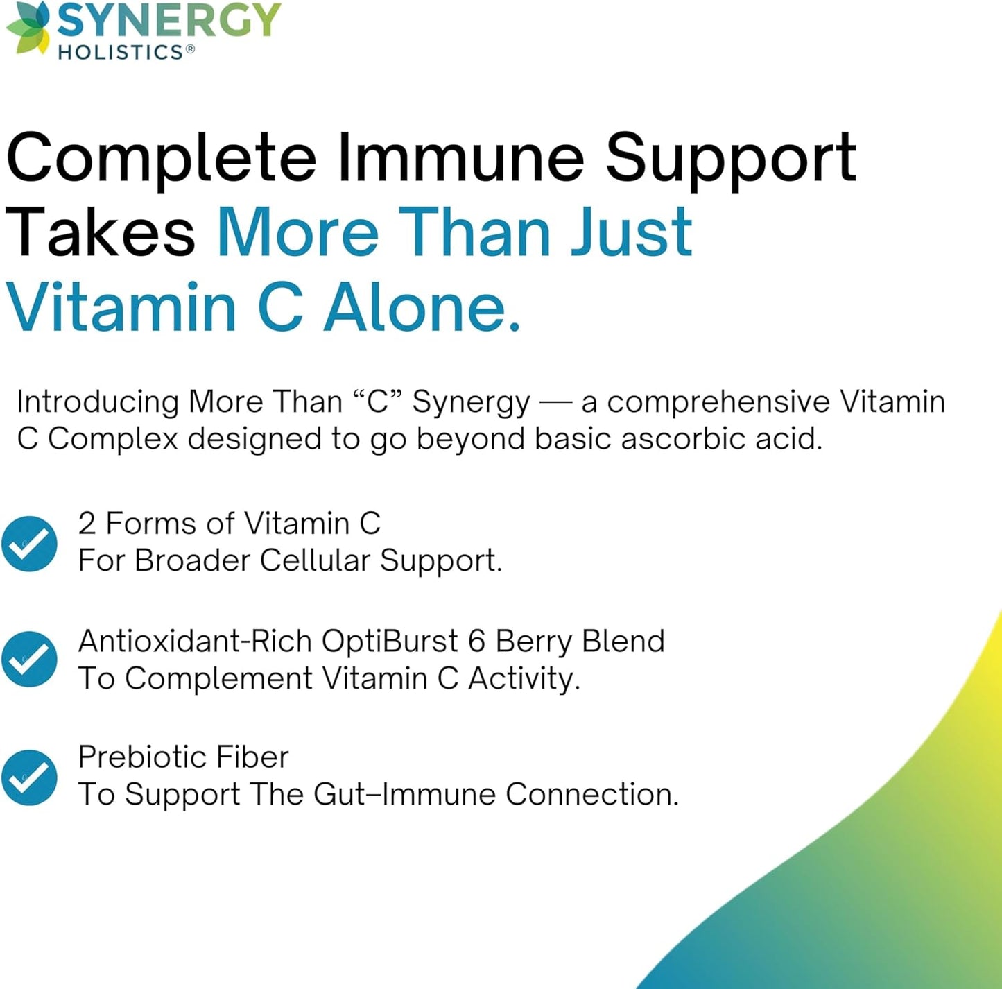 Advertisement for Synergy Holistics' immune support product More Than C Synergy with text and logo.