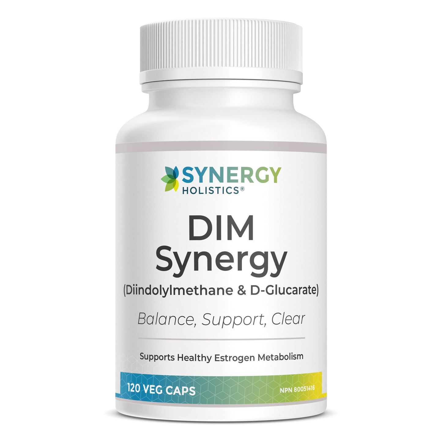 A bottle of DIM Synergy supplement by Synergy Holistics, which is labeled as Diindolymethane & D-Glucarate 120 vegan capsules