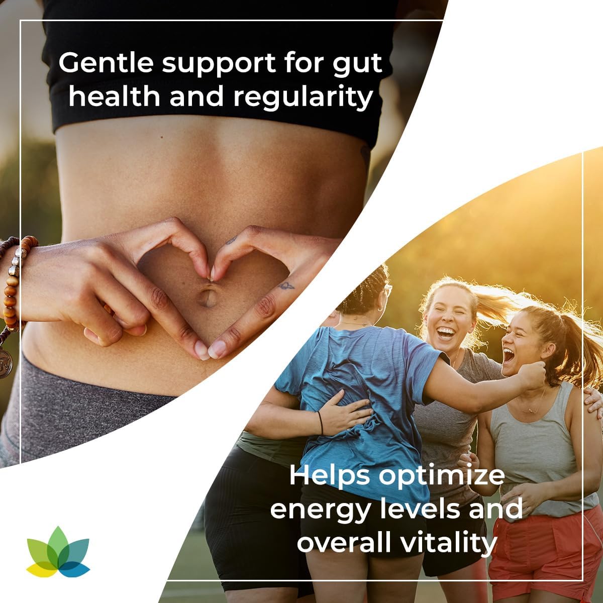 Advertisement for gut health support with a person holding hands in a heart shape and a group of people laughing outdoors.