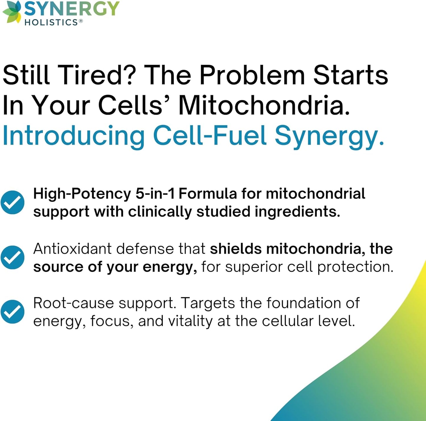 Advertisement for Synergy Holistics product highlighting mitochondrial support and energy focus.