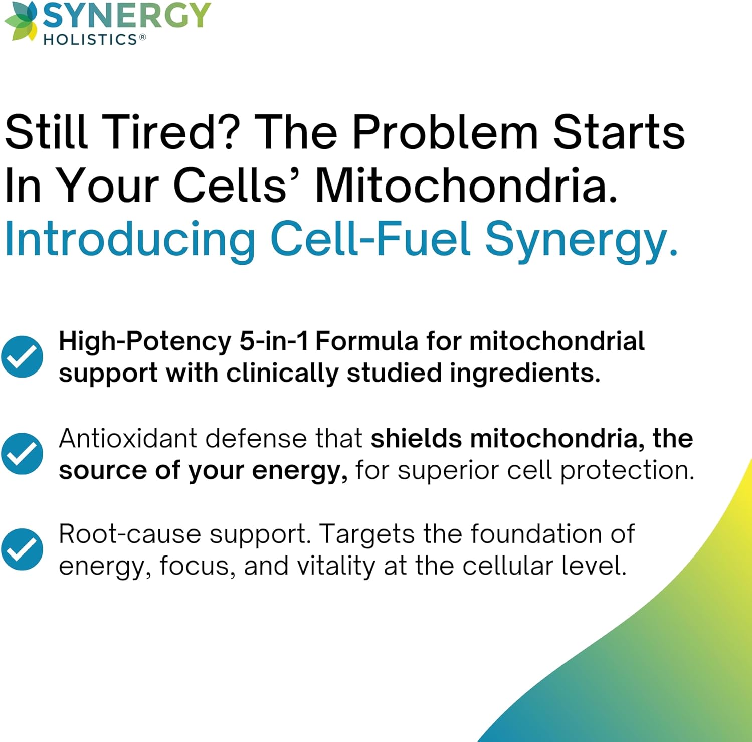Advertisement for Synergy Holistics product highlighting mitochondrial support and energy focus.