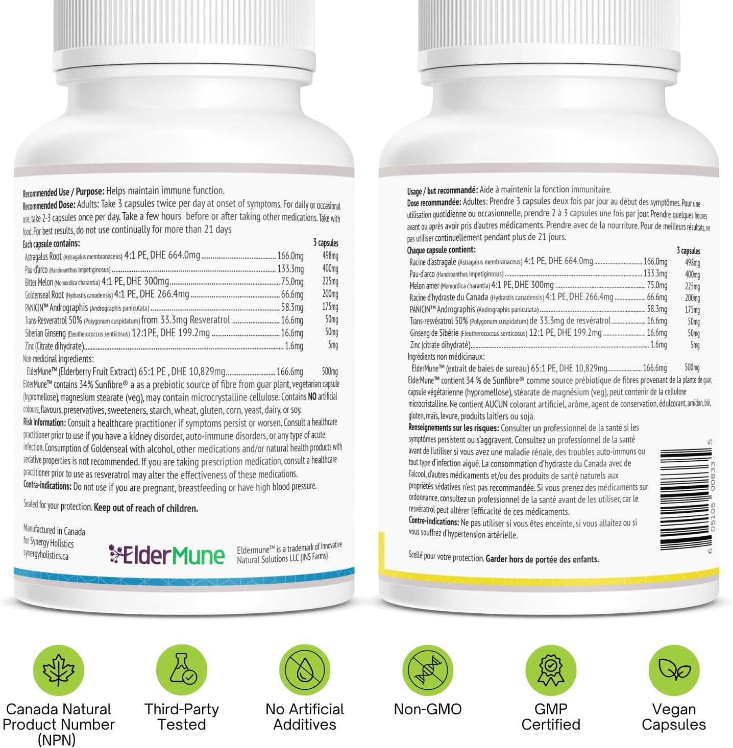 Two ElderMune supplement bottles with labels and certification logos.
