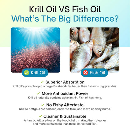 Comparison chart between krill oil and fish oil with images and text.