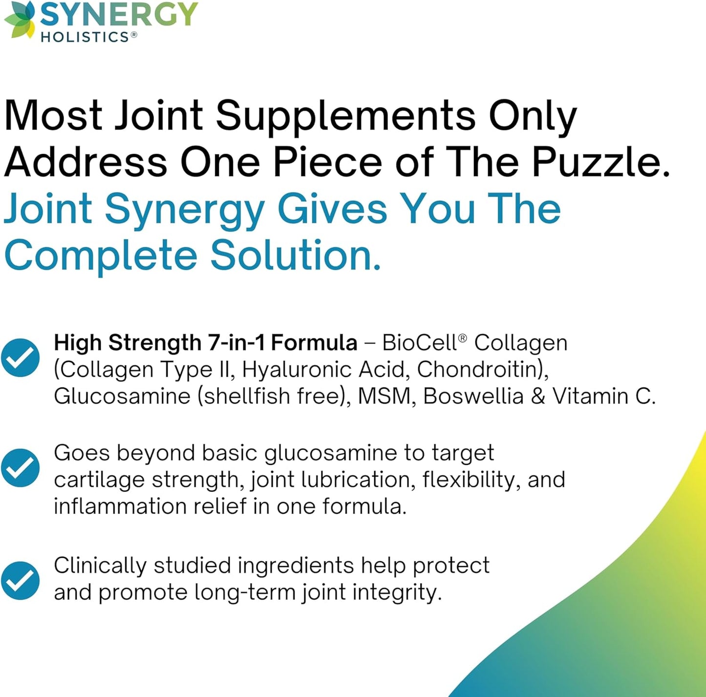 Advertisement for Synergy Holistics joint supplement with text and checkmarks on a white background