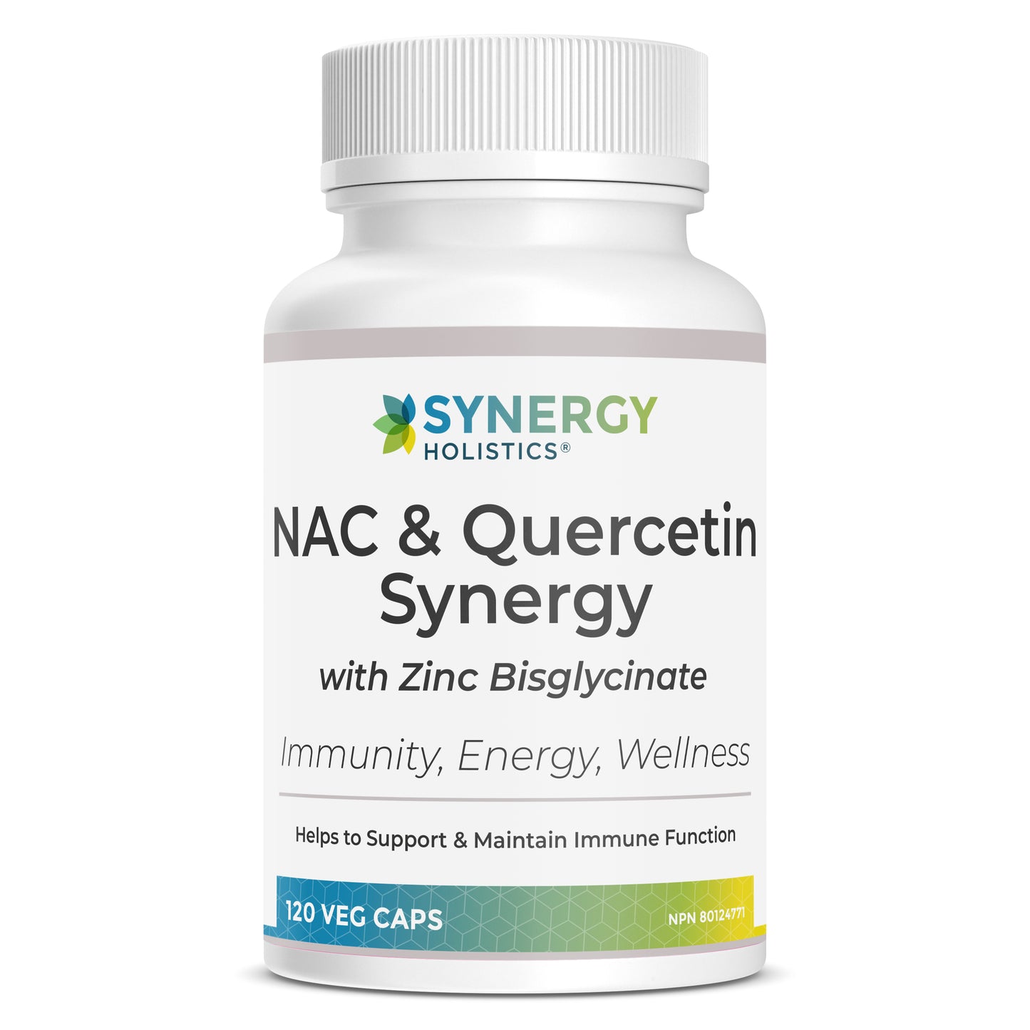 Bottle of Synergy Holistics NAC & Quercetin Synergy supplement on a white background