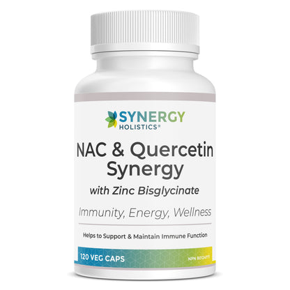 Bottle of Synergy Holistics NAC & Quercetin Synergy supplement on a white background