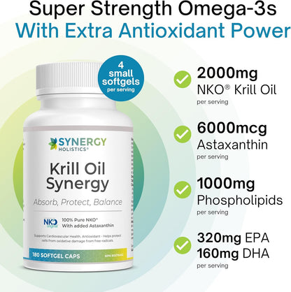 Synergy Holistics Krill Oil Synergy supplement bottle with nutritional information on a light green background