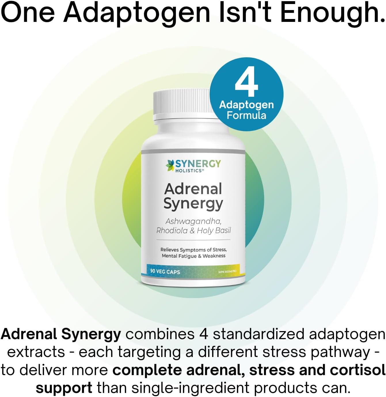 Adrenal Synergy supplement bottle with text highlighting 4 adaptogen formula on a gradient background