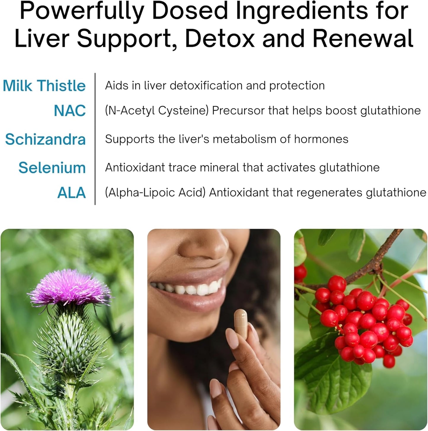 Product advertisement for liver support with images of milk thistle, a woman's hand, and berries.