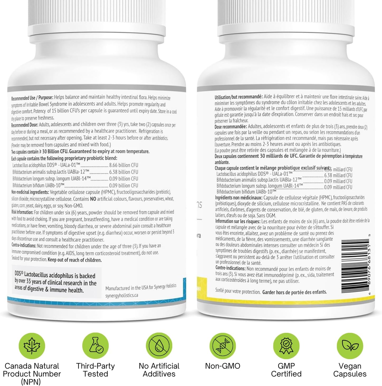 Two supplement bottles with labels and certification icons on a white background
