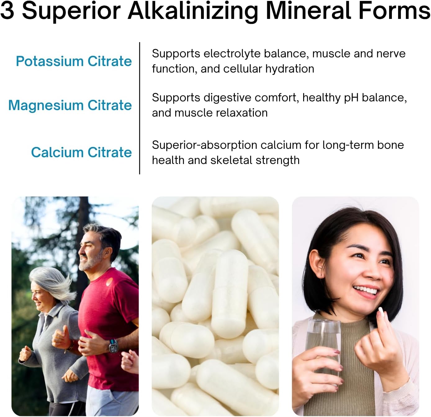 Three superior alkalinizing citrate mineral forms with images and text descriptions.