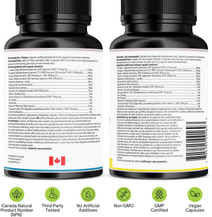Two supplement bottles with labels showing text and certification logos on a white background.