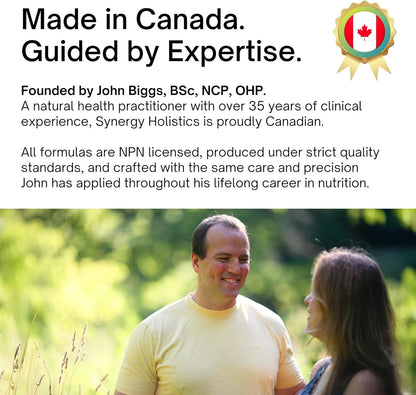 Man and woman standing outdoors with promotional text about Synergy Holistics and John Biggs' expertise.