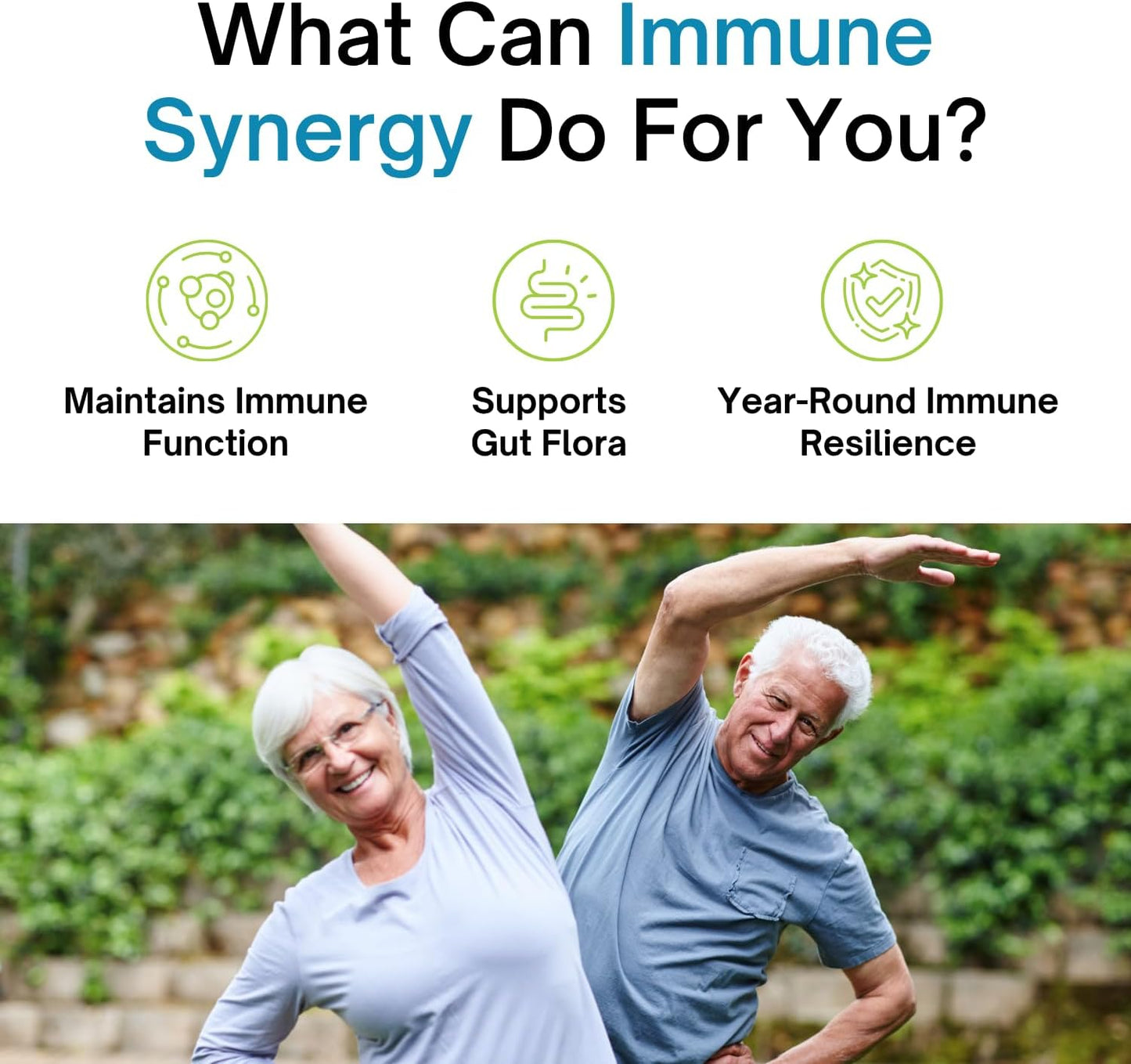 Advertisement for immune synergy with icons and text, featuring an elderly couple exercising outdoors.