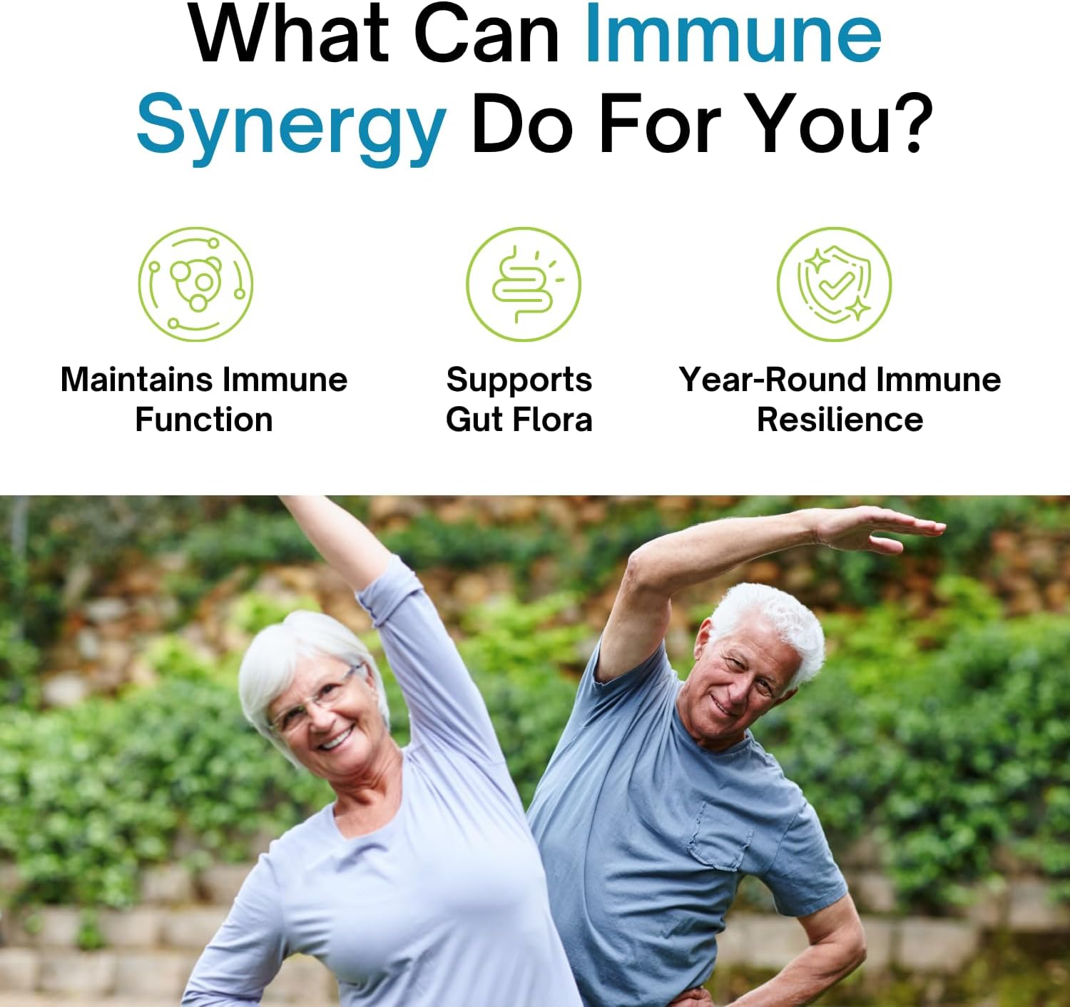 Advertisement for immune synergy with icons and text, featuring an elderly couple exercising outdoors.