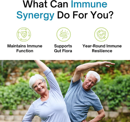 Advertisement for immune synergy with icons and text, featuring an elderly couple exercising outdoors.