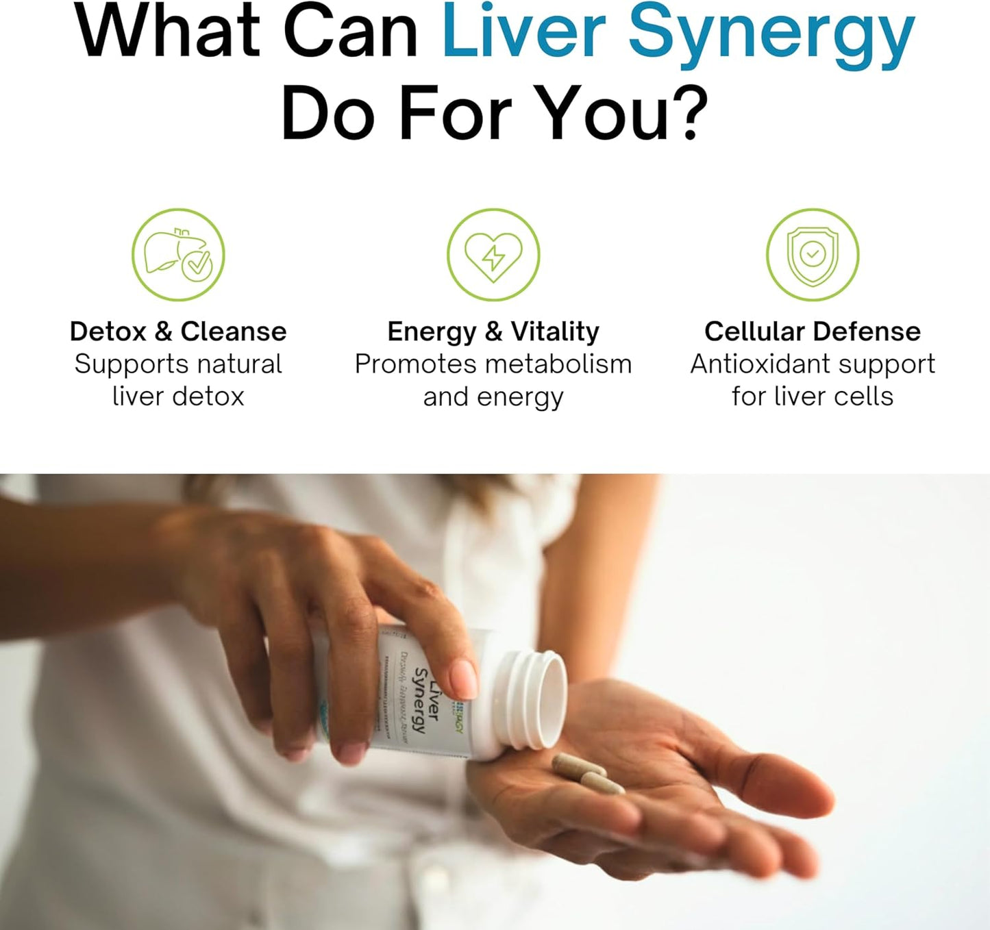 Promotional image for liver synergy products with text and a person holding a bottle.
