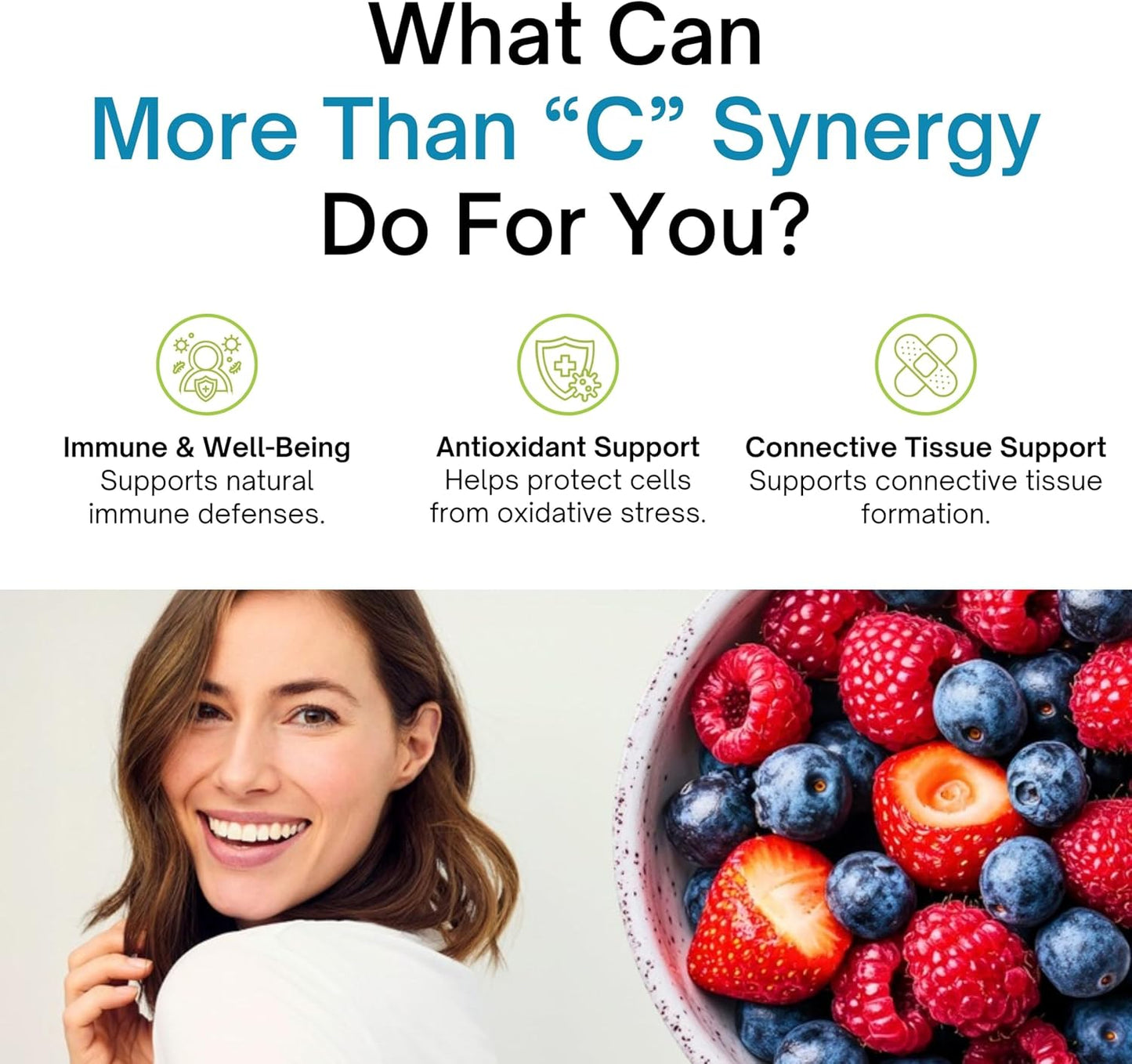 Promotional graphic about More Than 'C' Synergy benefits with a woman and bowl of berries.