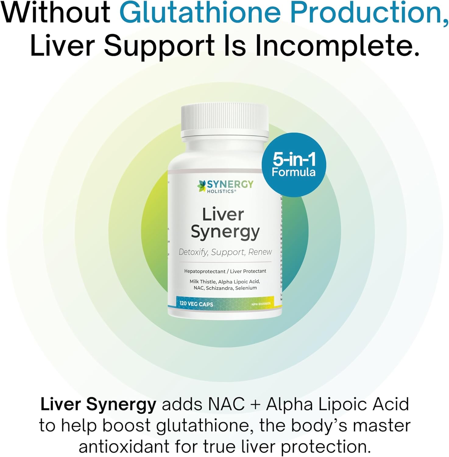 Liver Synergy supplement bottle with text about glutathione production and liver support.
